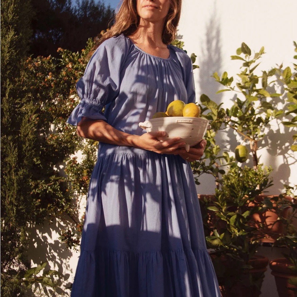 Daughters of India Dusty-Blue Tiered Puff-Sleeve Maxi Dress